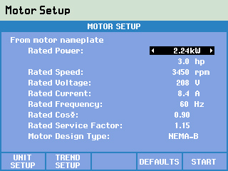 Input details of the motor from the rating plate
		including rated power, rated speed and motor type
		from either NEMA or IEC classifications